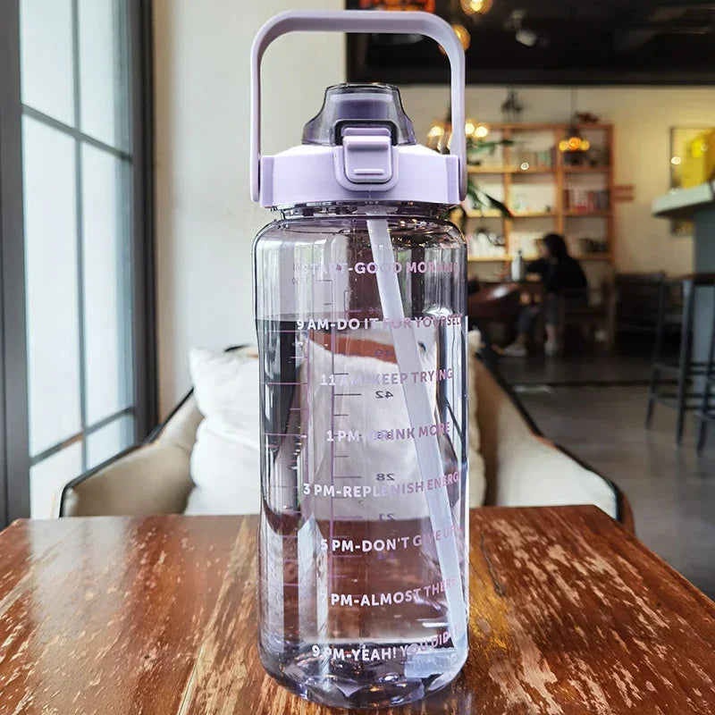 2 Liters Plastic Kettle Large Portable Travel Water Bottle with Straw Sports Fitness Cup High Value Big Fat Cup Adult Universal