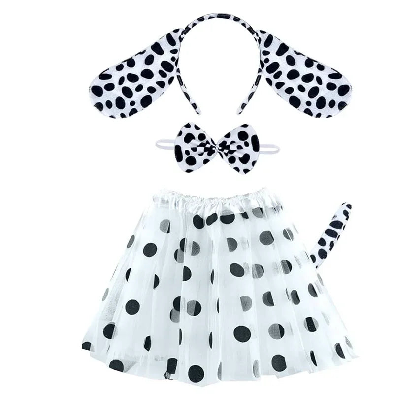 Halloween Spotted Dog  Dalmatian Costume Animals Ear Bow Tie Headband Tail Skirt Tutu Cosplay Costume Dress Up Party Decoration