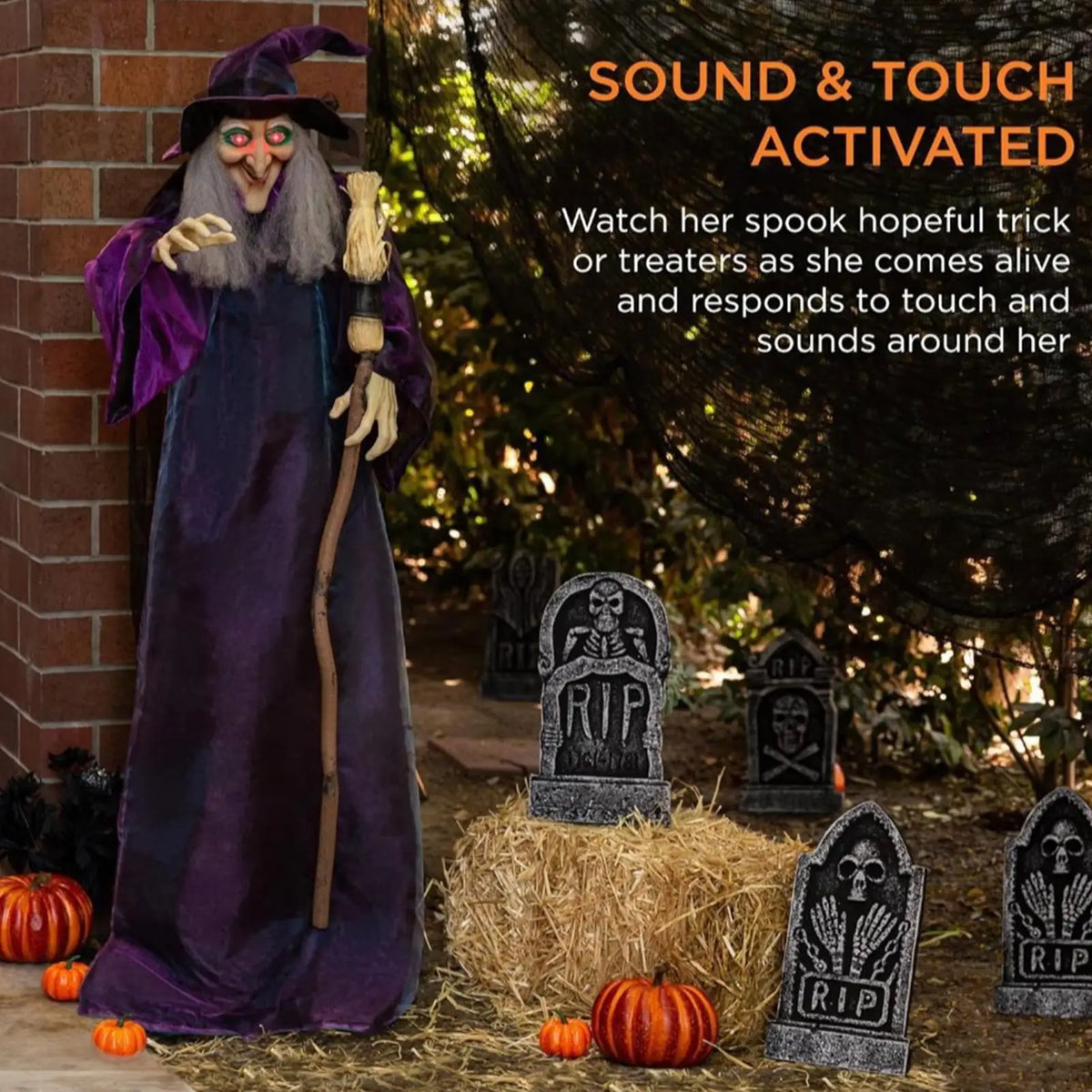 Halloween Sound Activated Light-up Witch Hanging Ghost Scary Props for Haunted House Bar Secret Room Outdoor Yard Garden Party
