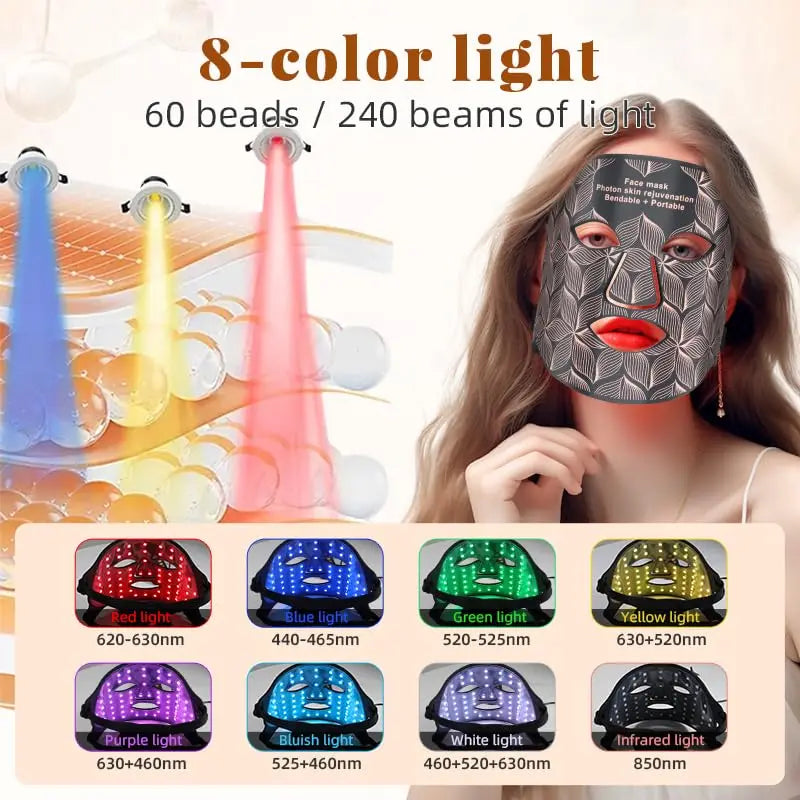 8 Colors LED Face Neck Mask 850nm Near Infrared Red Light Therapy Mask for Skin Tightening Acne Treatment Anti-Aging Wrinkles