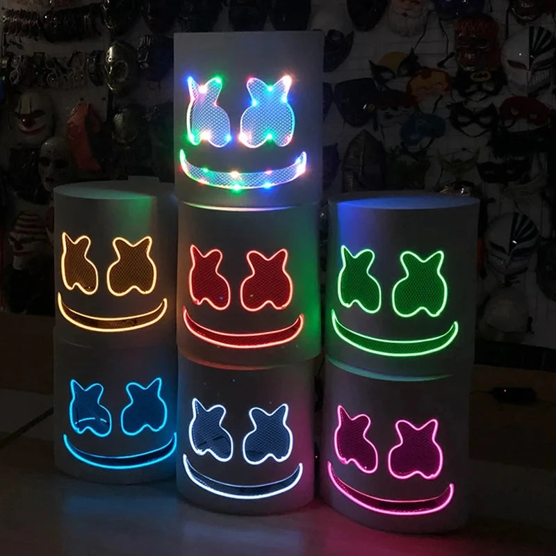 Halloween Light Up Mask Full Face LED Neon Marshmallow Mask Headgear Luminous DJ Music Festival Props Cosplay Rave Party Mask