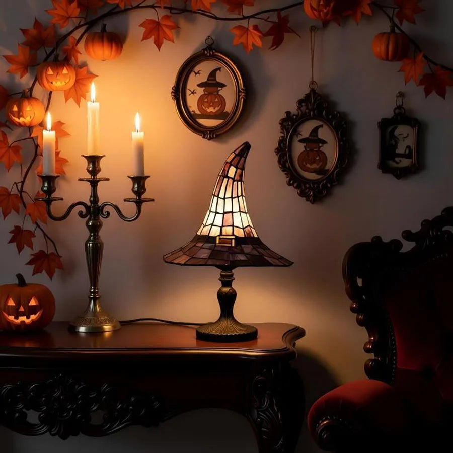Halloween Witch Hat Magic LED Lights Resin Ornaments, USB Powered Decorative Night Light For Home Party Decor