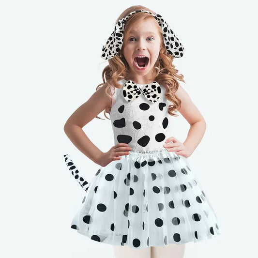 Halloween Spotted Dog  Dalmatian Costume Animals Ear Bow Tie Headband Tail Skirt Tutu Cosplay Costume Dress Up Party Decoration