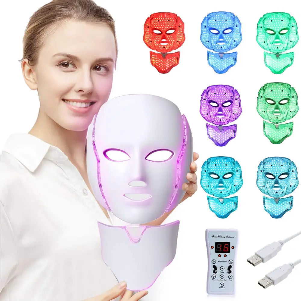 7 Colors Led Facial Mask Red Light Therapy Mask For Physiotherapy With Neck Bio Light Beauty For Home Use Physical Heating Woman