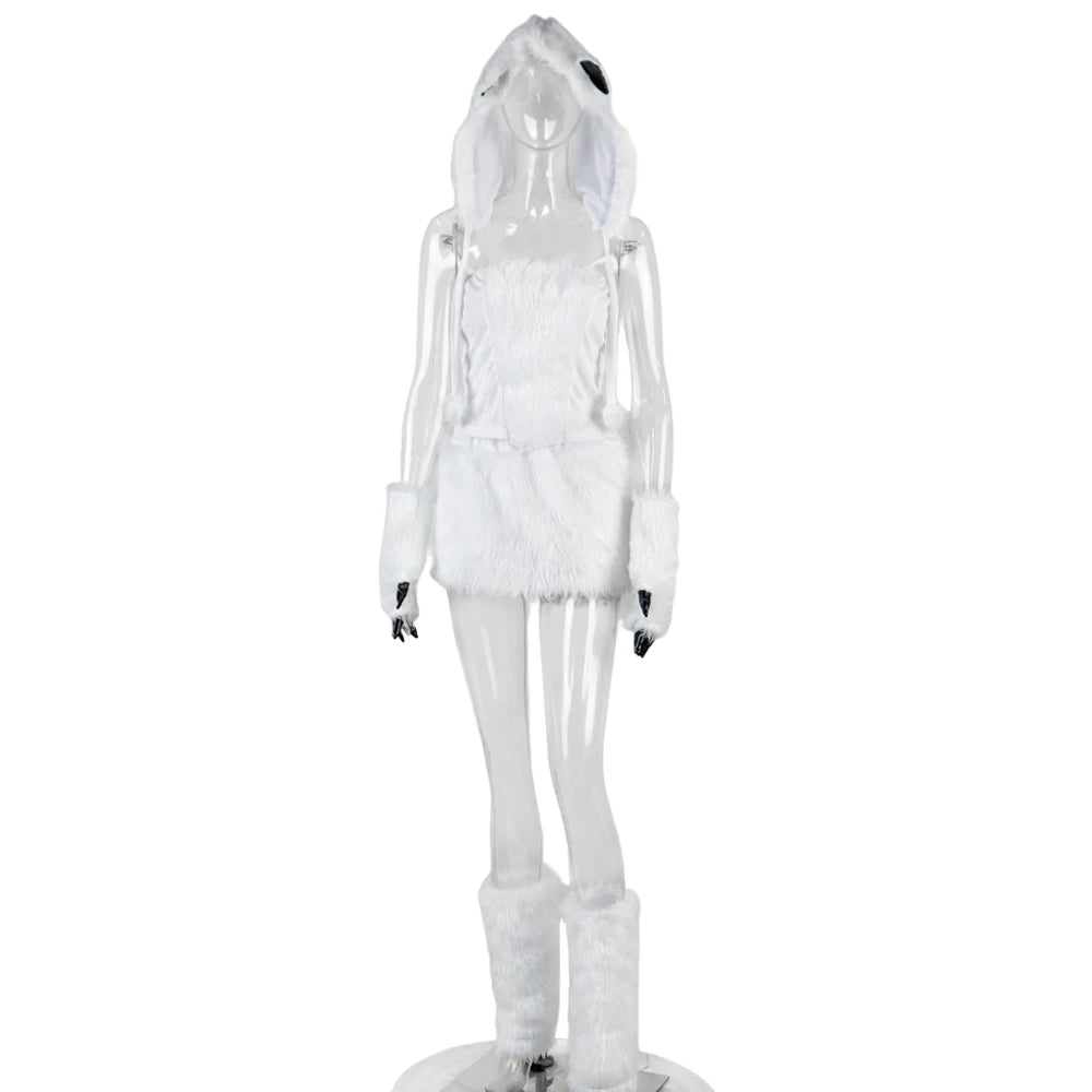 Halloween Cosplay Animals Costume White Sexy Holiday Party Dress Suit Woman Backless Funny Bring A Hat Stage Costume Clothes