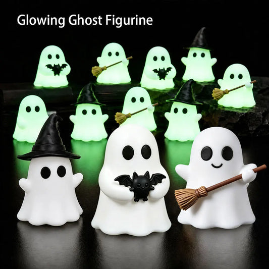 Halloween-themed desktop decoration scene - cute little ghosts, decorative items, mini glowing micro-landscape