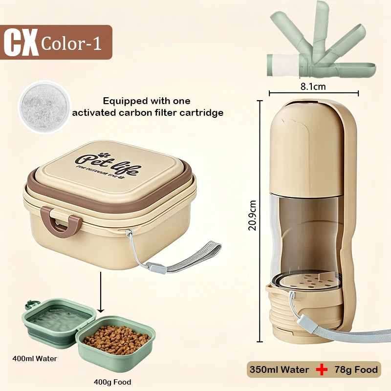 2-in-1 Portable Pet Water Bottle with Food Container - Foldable Travel Dispenser for Dogs & Cats Leakproof Outdoor Hydration