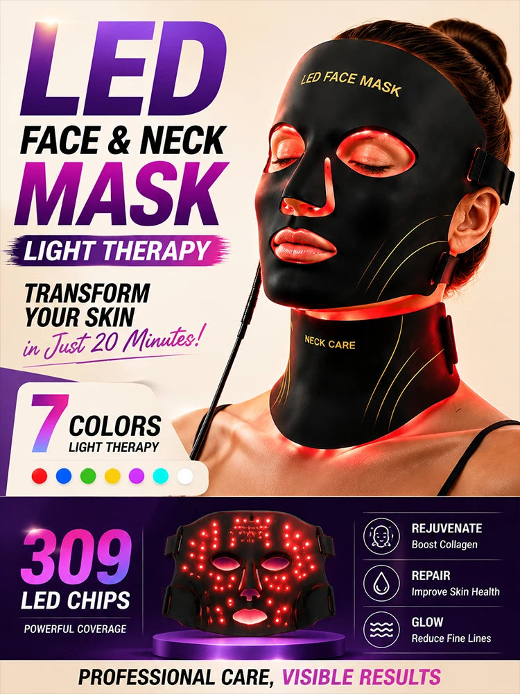 LED Face Mask Red Light Therapy Mask Neck Mask 7 Color LED Beauty Device Facial Skin Care Silicone Photon Rejuvenation.Free Ship