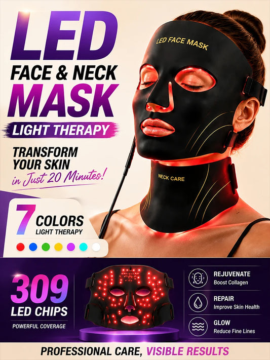LED Face Mask Red Light Therapy Mask Neck Mask 7 Color LED Beauty Device Facial Skin Care Silicone Photon Rejuvenation.Free Ship