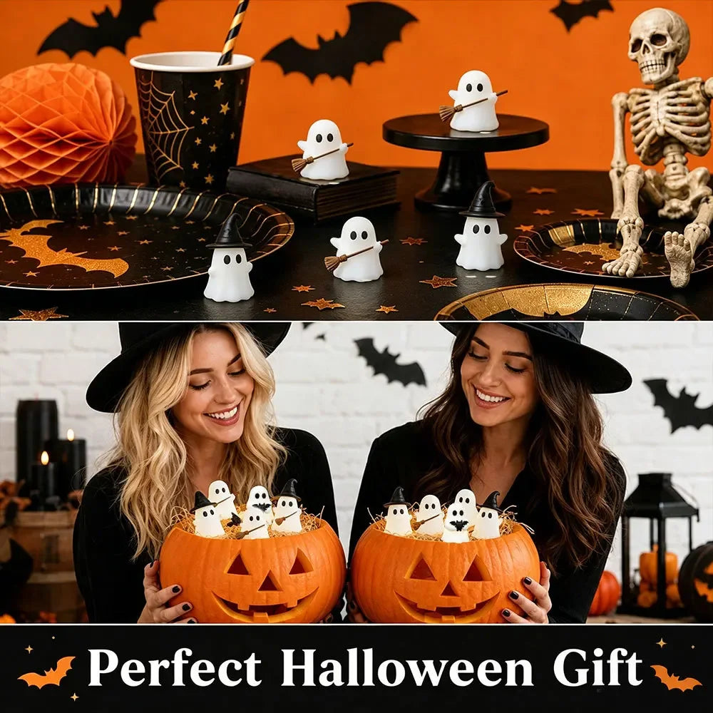 Halloween-themed desktop decoration scene - cute little ghosts, decorative items, mini glowing micro-landscape