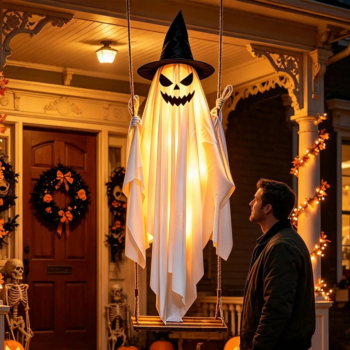 Halloween Swinging Ghost Decor 47 Inch Spooky Outdoor Animated Decoration for Garden Tree Hanging Props Light Up Creepy Ornament