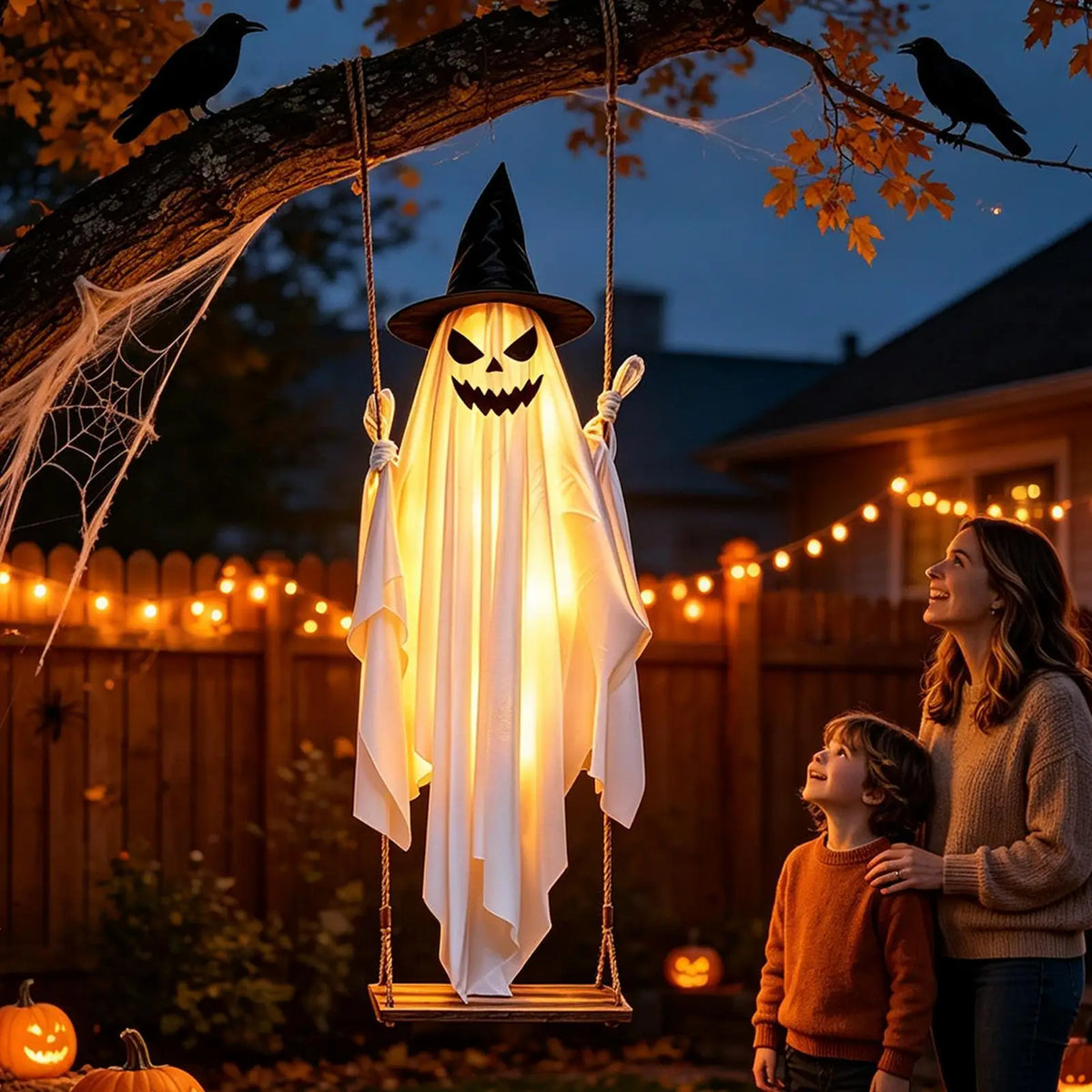 Halloween Swinging Ghost Decor 47 Inch Spooky Outdoor Animated Decoration for Garden Tree Hanging Props Light Up Creepy Ornament
