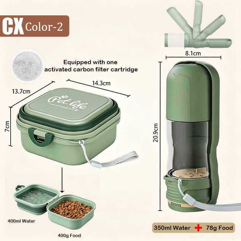 2-in-1 Portable Pet Water Bottle with Food Container - Foldable Travel Dispenser for Dogs & Cats Leakproof Outdoor Hydration
