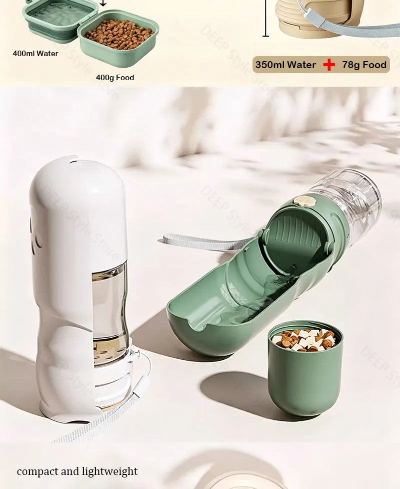 2-in-1 Portable Pet Water Bottle with Food Container - Foldable Travel Dispenser for Dogs & Cats Leakproof Outdoor Hydration