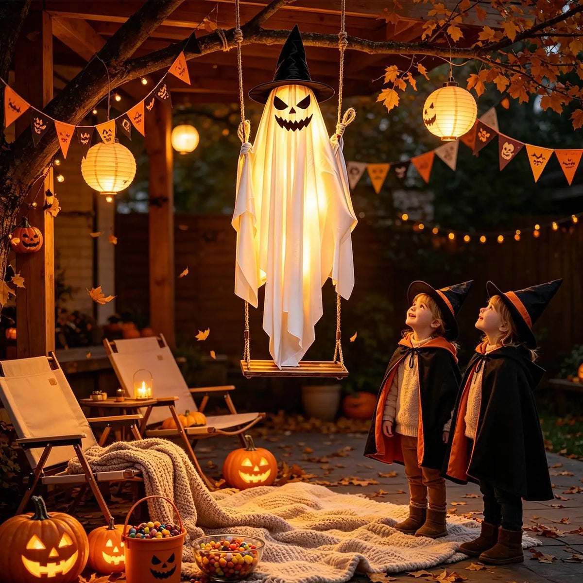 Halloween Swinging Ghost Decor 47 Inch Spooky Outdoor Animated Decoration for Garden Tree Hanging Props Light Up Creepy Ornament
