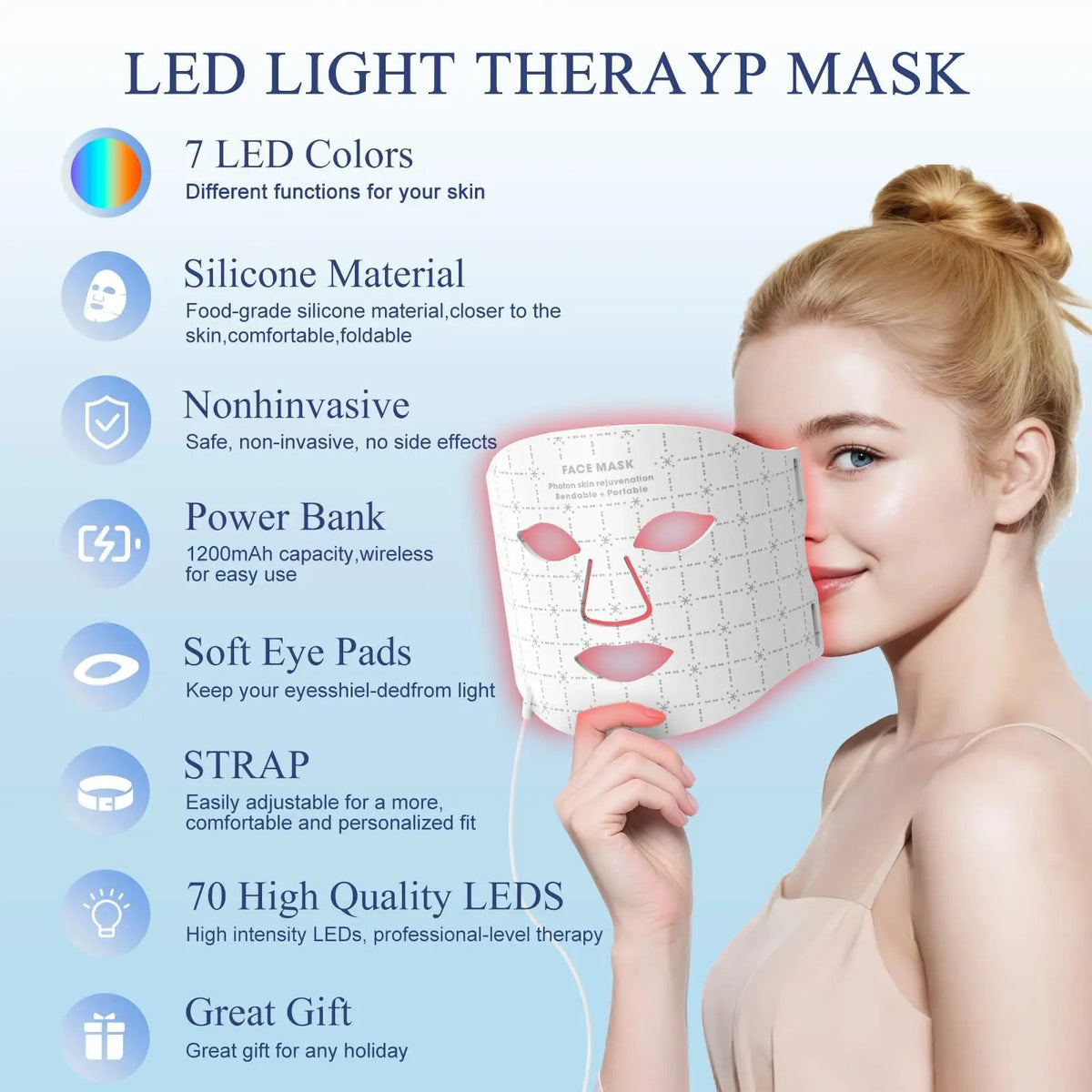 Portable 7 Colors Led Face Mask Skin Care Rechargeable Red Light Therapy for Reduce Wrinkle Acne Facial Care Beauty Device Mask