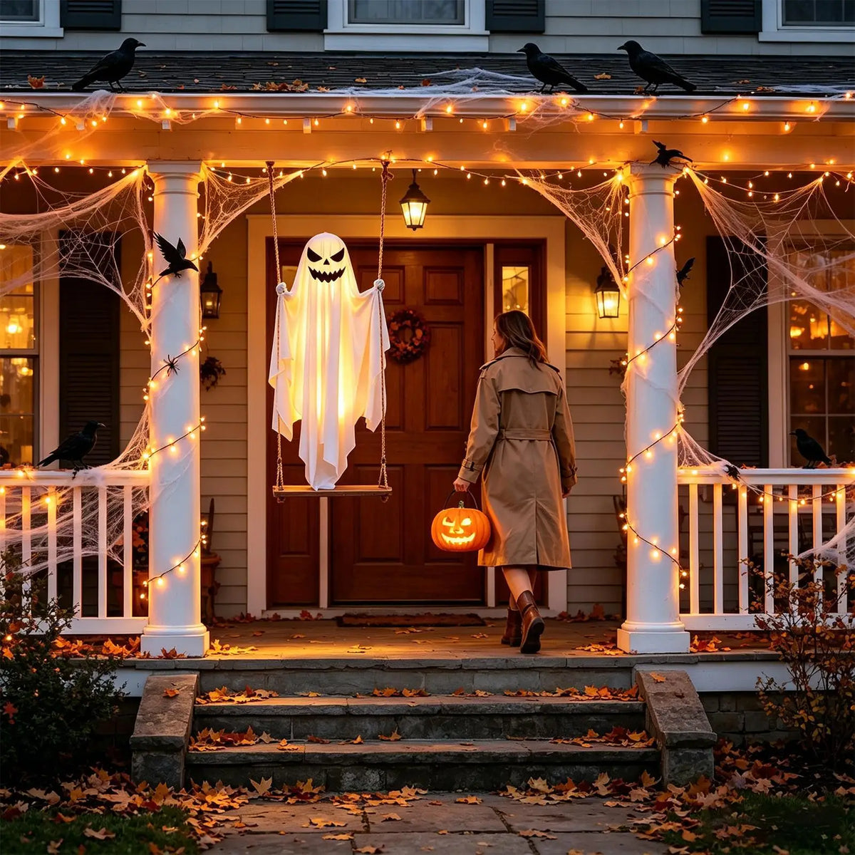Halloween Swinging Ghost Decor 47 Inch Spooky Outdoor Animated Decoration for Garden Tree Hanging Props Light Up Creepy Ornament