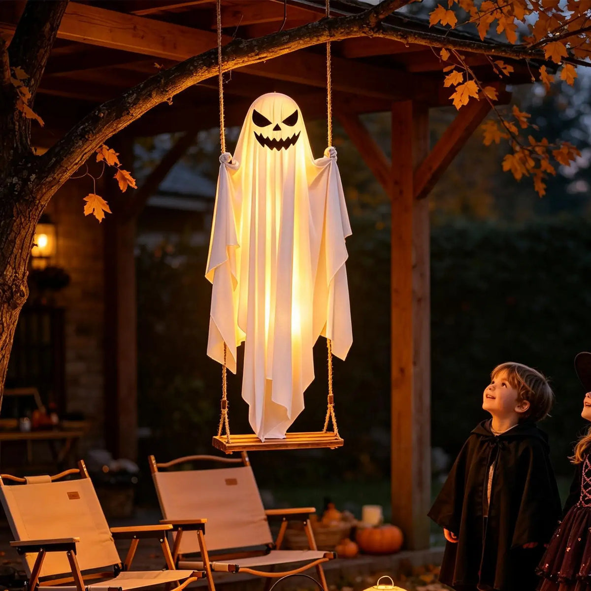 Halloween Swinging Ghost Decor 47 Inch Spooky Outdoor Animated Decoration for Garden Tree Hanging Props Light Up Creepy Ornament