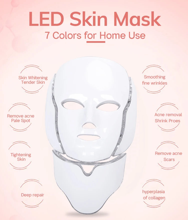 7 Colors Led Facial Mask Red Light Therapy Mask For Physiotherapy With Neck Bio Light Beauty For Home Use Physical Heating Woman