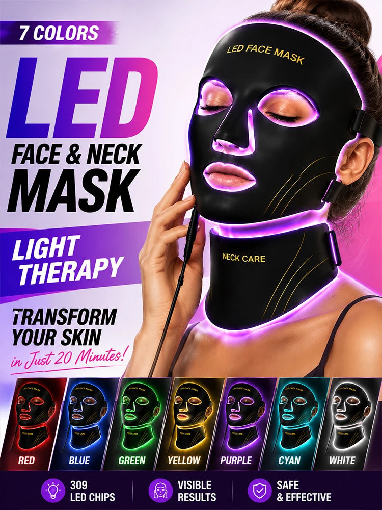 LED Face Mask Red Light Therapy Mask Neck Mask 7 Color LED Beauty Device Facial Skin Care Silicone Photon Rejuvenation.Free Ship