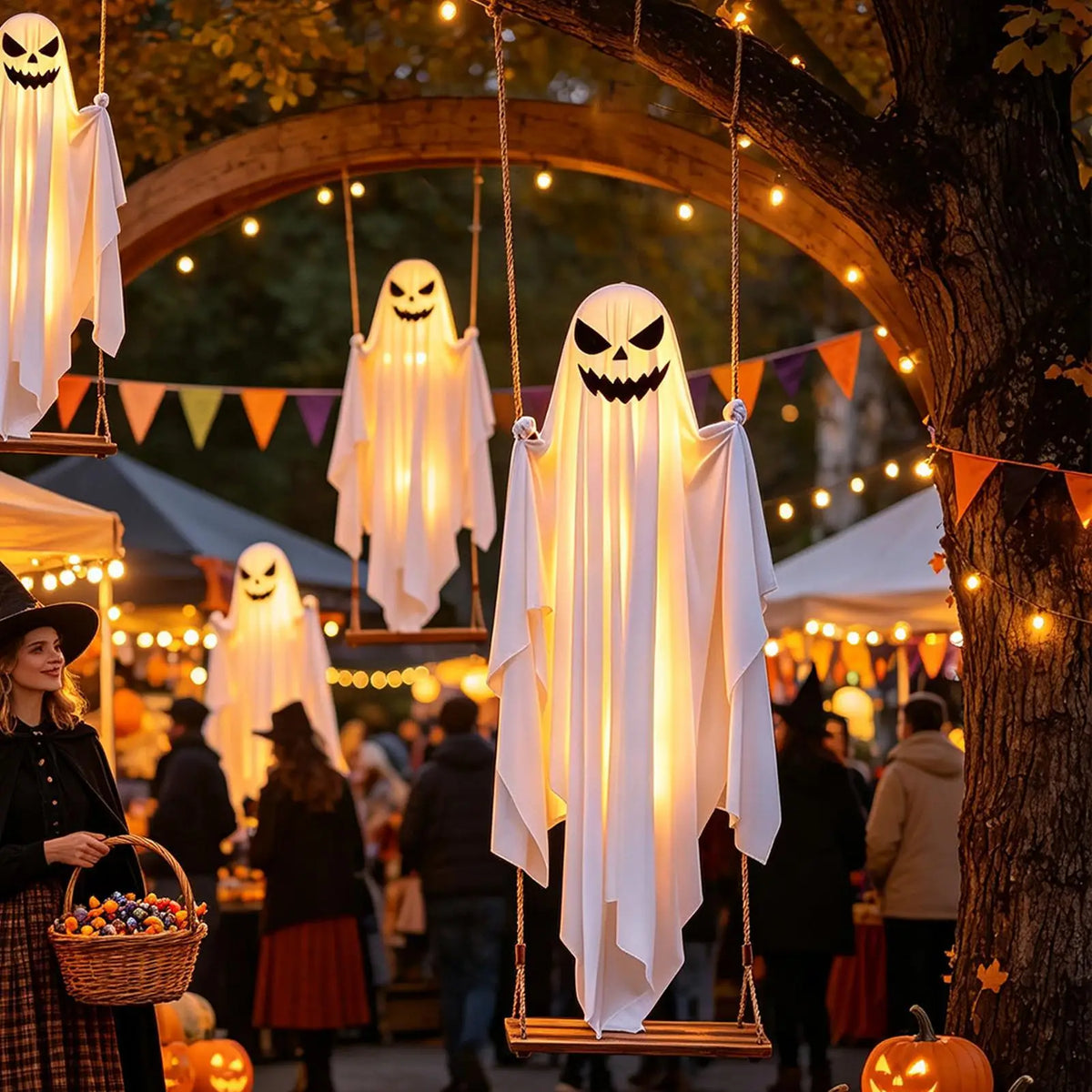 Halloween Swinging Ghost Decor 47 Inch Spooky Outdoor Animated Decoration for Garden Tree Hanging Props Light Up Creepy Ornament