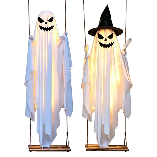 Halloween Swinging Ghost Decor 47 Inch Spooky Outdoor Animated Decoration for Garden Tree Hanging Props Light Up Creepy Ornament