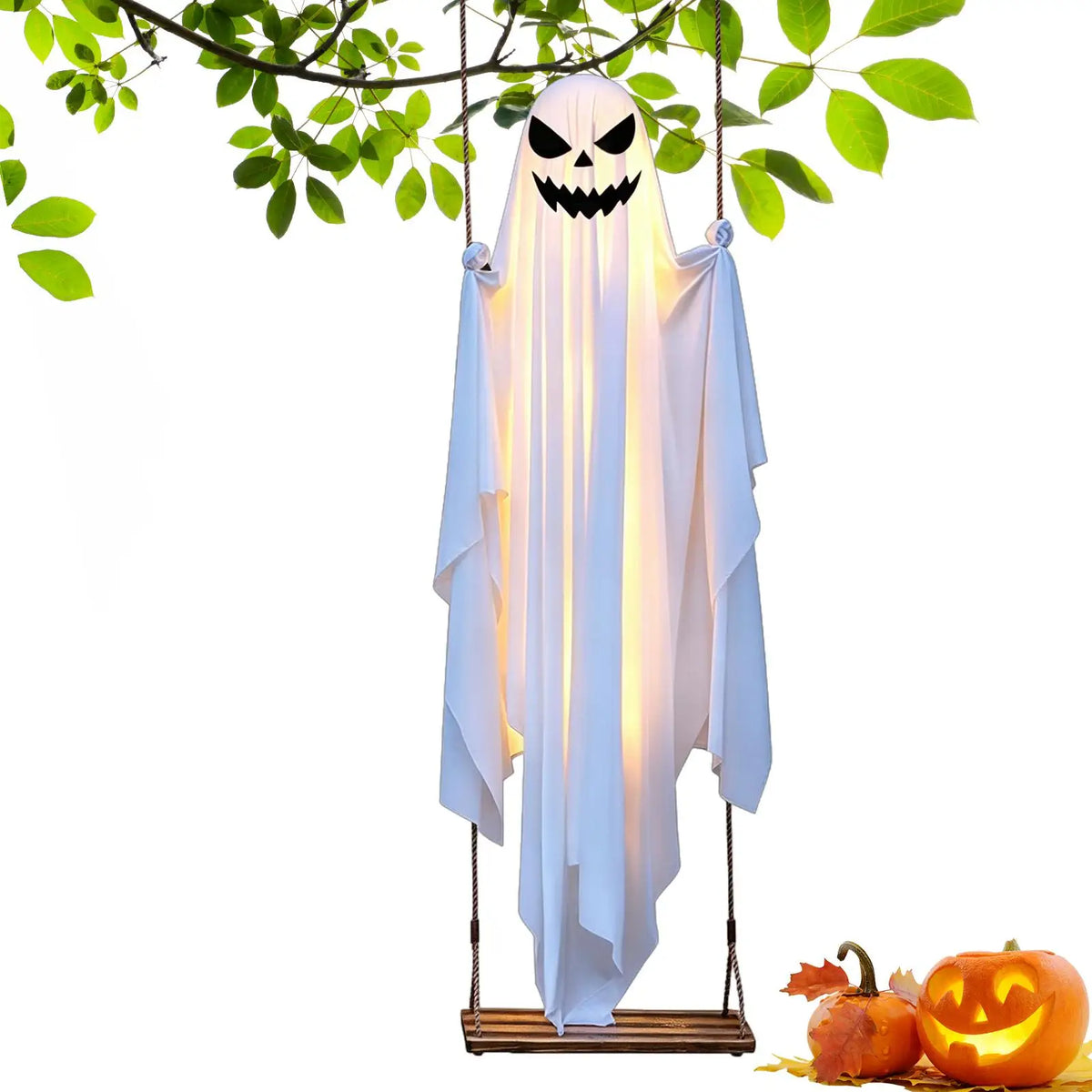 Halloween Swinging Ghost Decor 47 Inch Spooky Outdoor Animated Decoration for Garden Tree Hanging Props Light Up Creepy Ornament