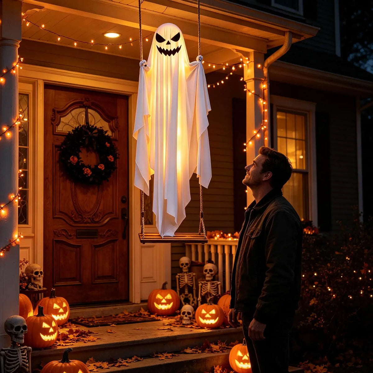 Halloween Swinging Ghost Decor 47 Inch Spooky Outdoor Animated Decoration for Garden Tree Hanging Props Light Up Creepy Ornament