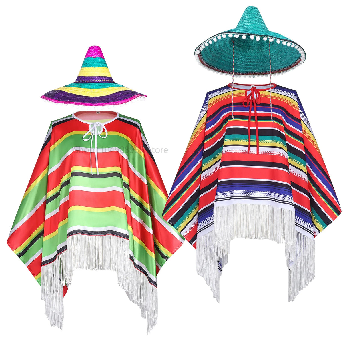 Halloween Cosplay Holiday Party Mexican Clothing Mexican Ethnic Costume Adult Mexican Floral Striped Capes Hat Set