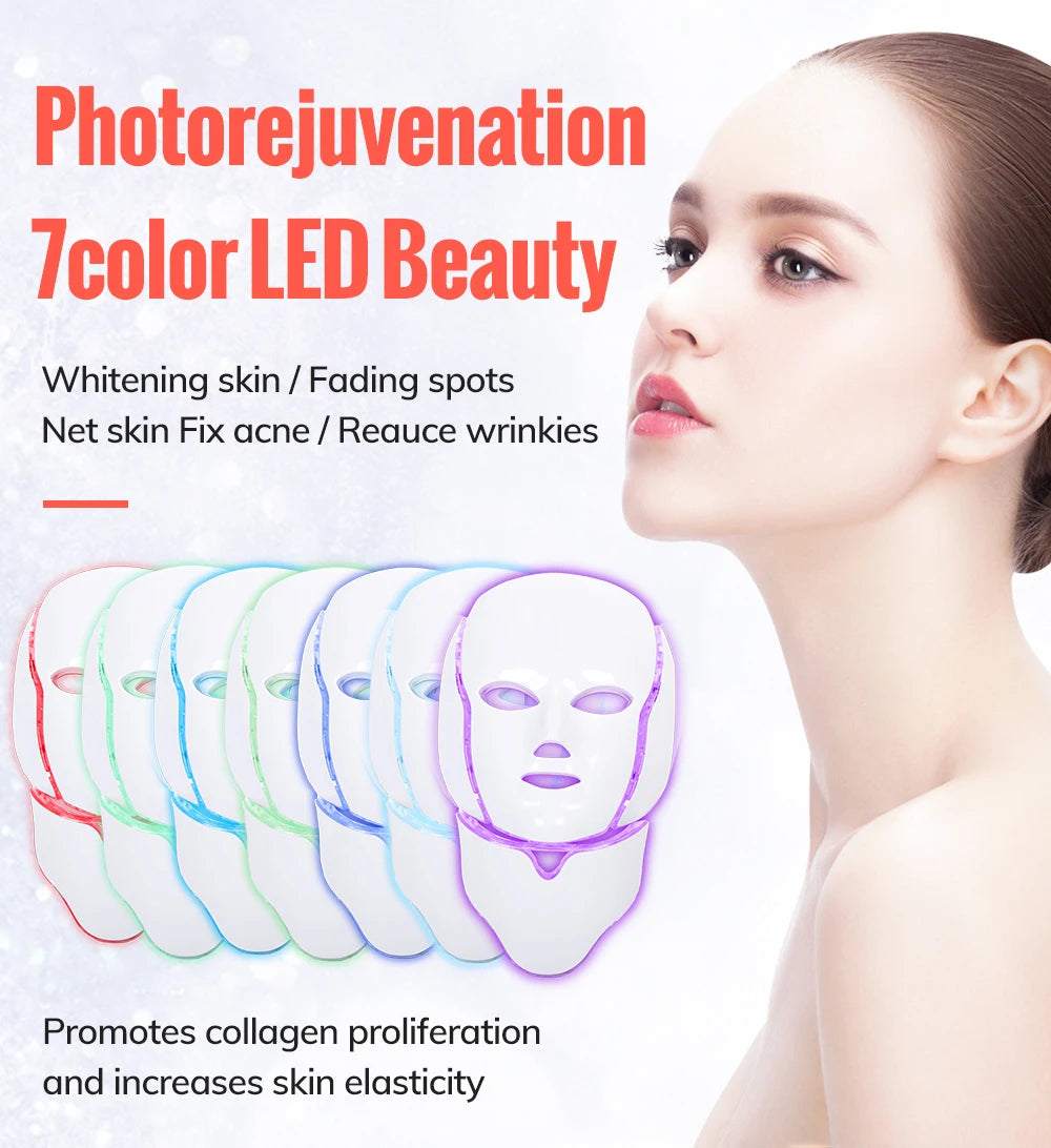 7 Colors Led Facial Mask Red Light Therapy Mask For Physiotherapy With Neck Bio Light Beauty For Home Use Physical Heating Woman