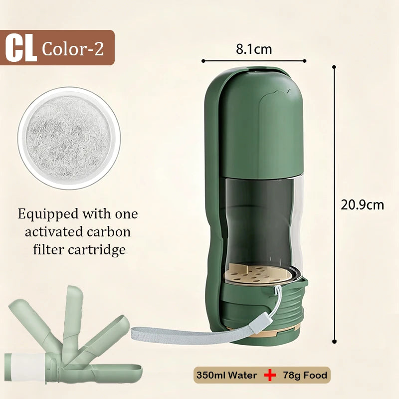 2-in-1 Portable Pet Water Bottle with Food Container - Foldable Travel Dispenser for Dogs & Cats Leakproof Outdoor Hydration