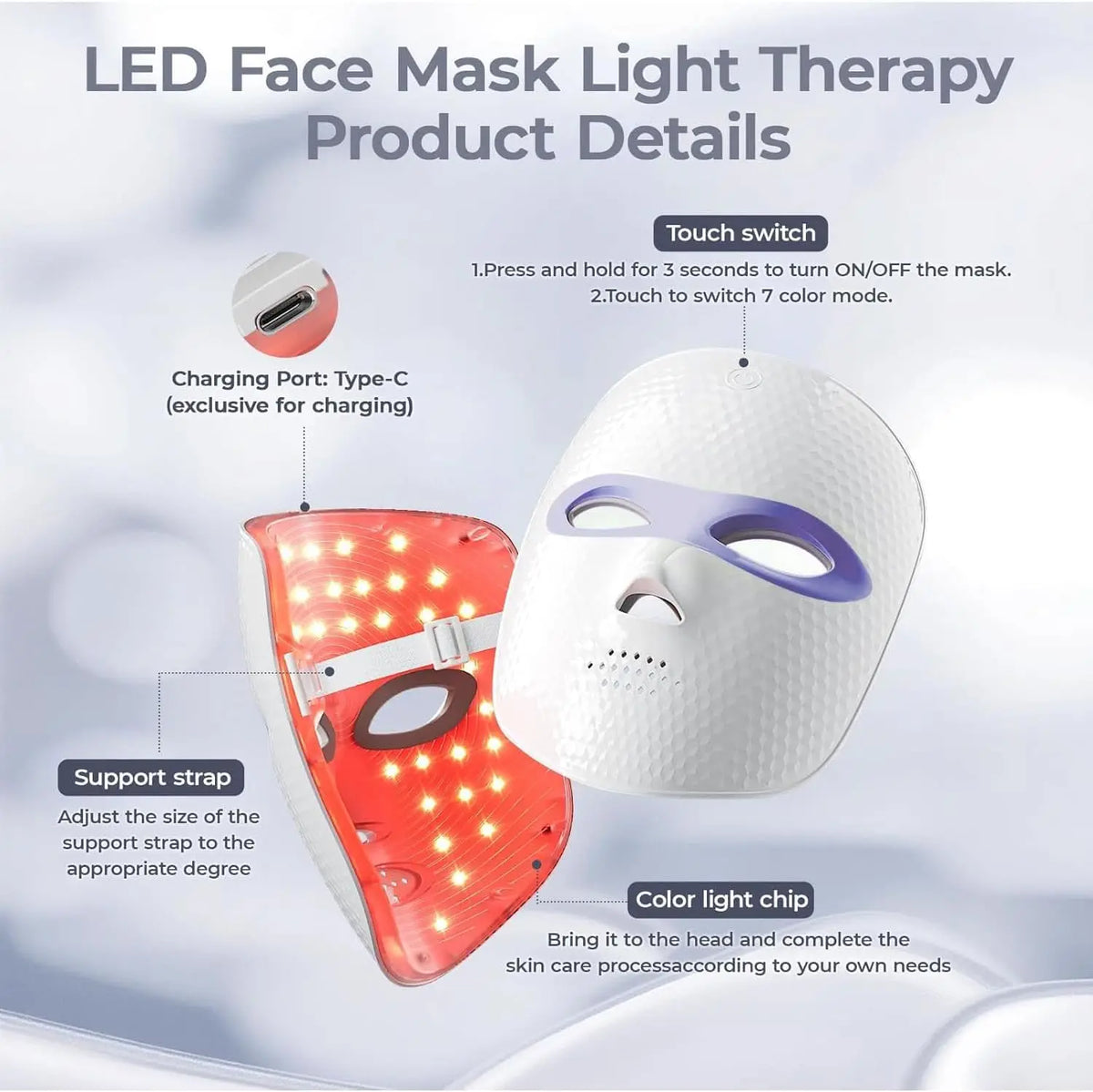 Red Light Therapy for Face-LED Face Mask Light Therapy with 3 Gears 2500mAh Battery Infrared Red Light Therapy Mask for Home