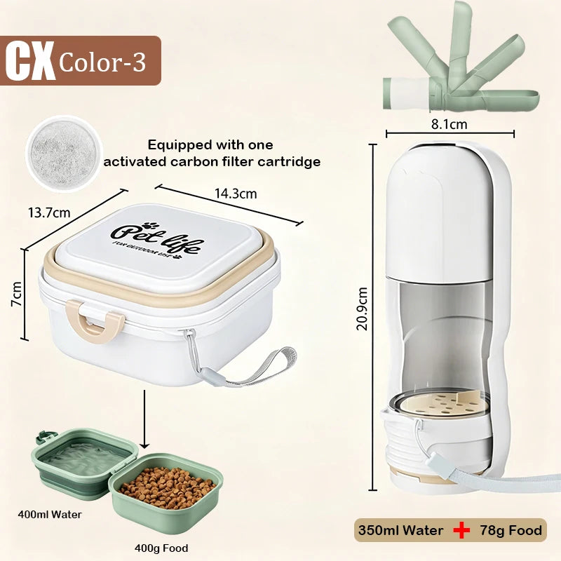 2-in-1 Portable Pet Water Bottle with Food Container - Foldable Travel Dispenser for Dogs & Cats Leakproof Outdoor Hydration