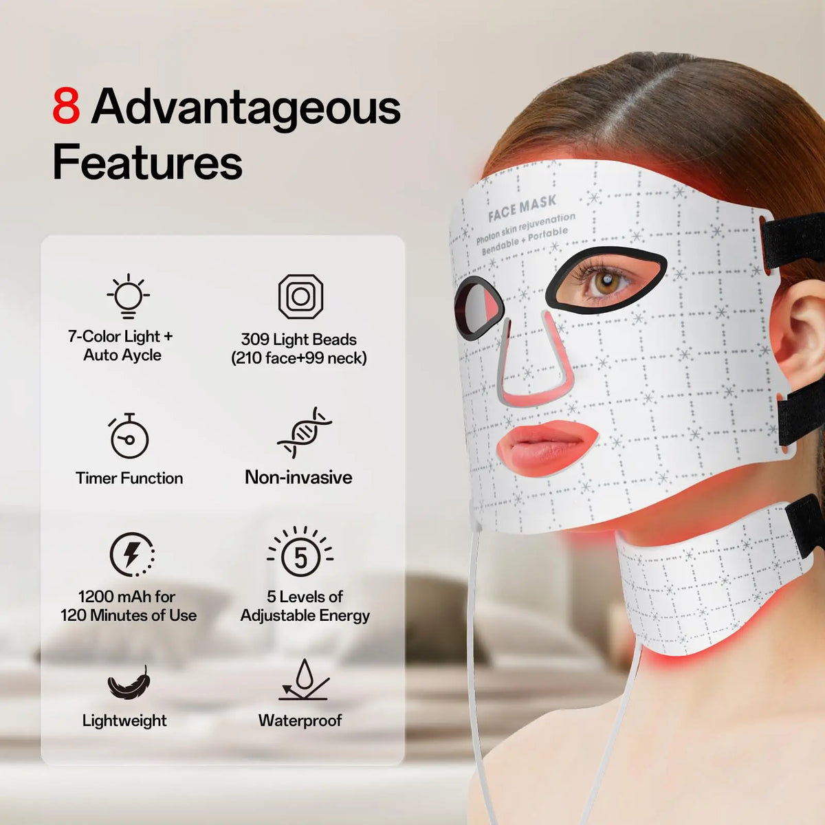 Portable 7 Colors Led Face Mask Skin Care Rechargeable Red Light Therapy for Reduce Wrinkle Acne Facial Care Beauty Device Mask